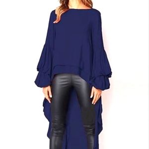 NWT NAVY CHIFFON LANTERN ASYMMETRICAL BLOUSE. L/XL